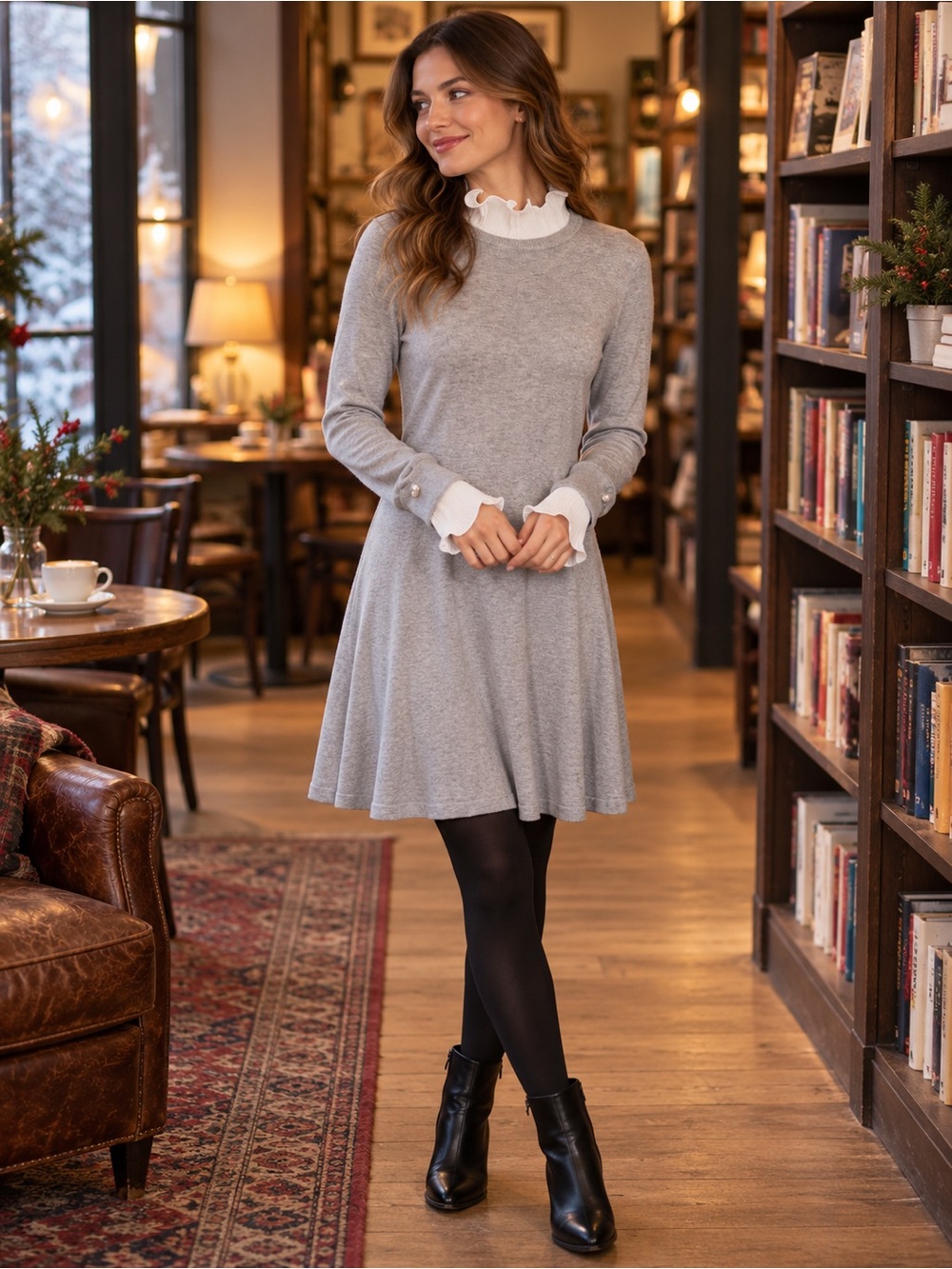 CeCe Heather Gray Knit Dress with White Ruffle Trim & Pearl Cuffs NWT